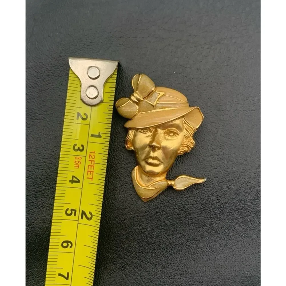 Vintage Gold Tone &‎ Gold Enamel 1950's Style Art Deco Woman With Hat Brooch